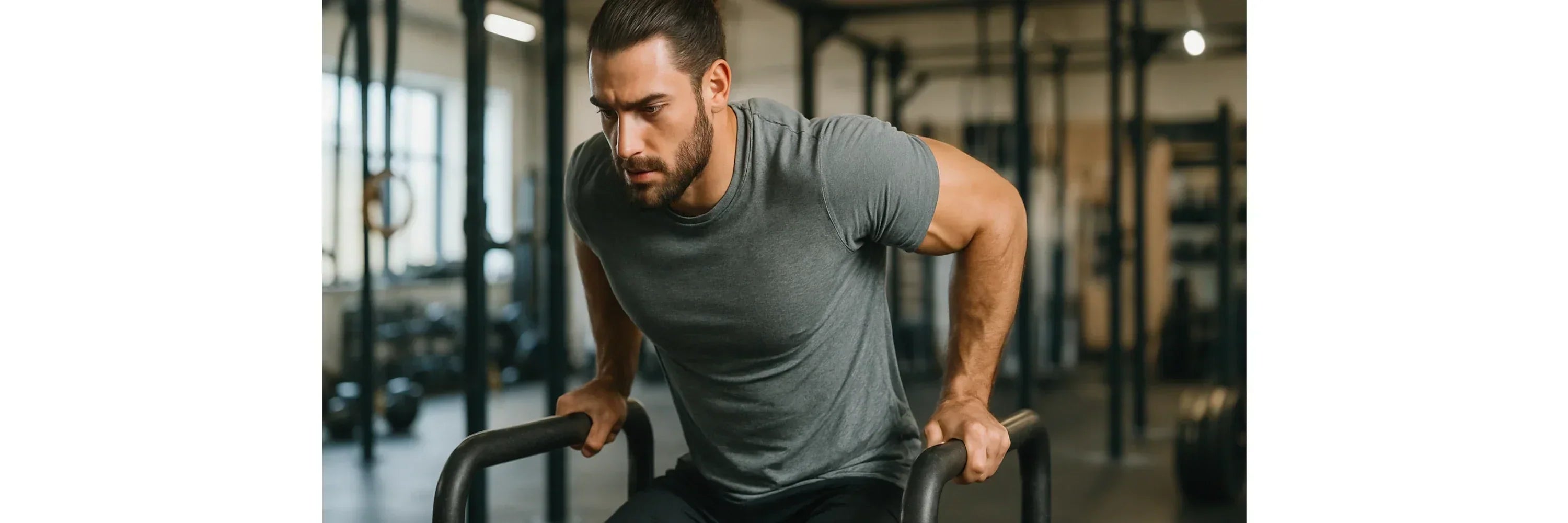Athlet trainiert Dips an parallelen Stangen in Crossfit-Box — Brust- und Trizeps-Übung mit Eigengewicht