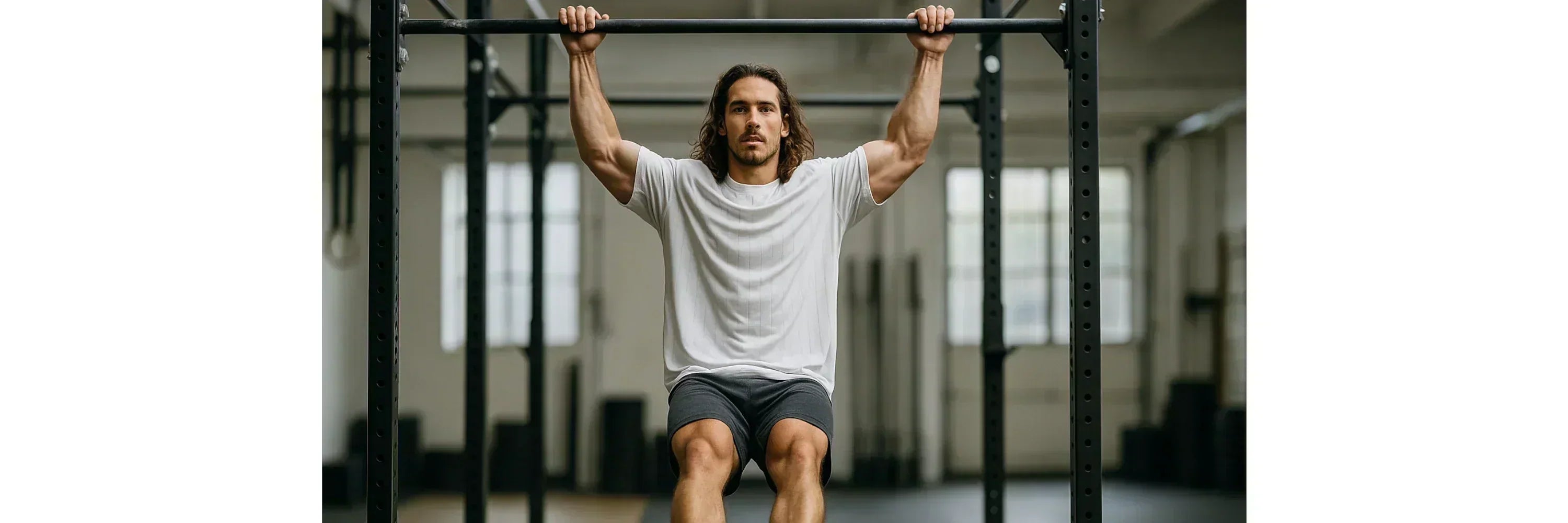 Crossfitter zieht sich im Chest-to-Bar Pull-Up nach oben — Brust berührt die Klimmzugstange im Kipping-Stil