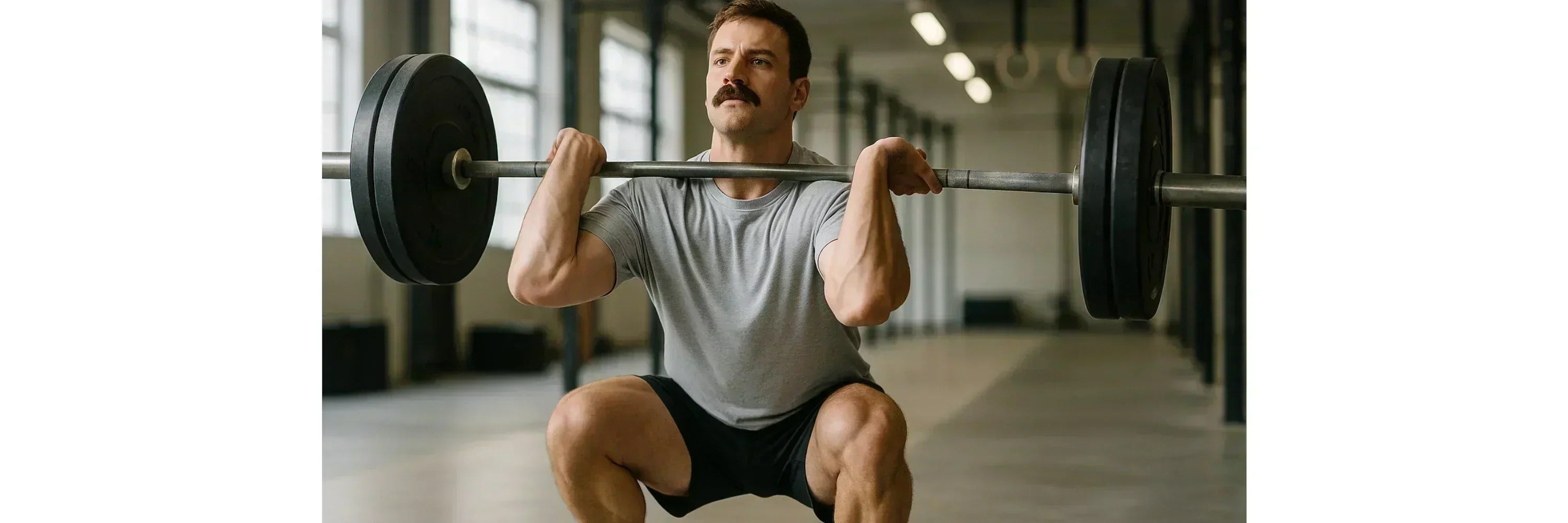 Athlet führt Thrusters mit Langhantel in einer Crossfit-Box aus — Front-Rack-Position, Hantel über Kopf