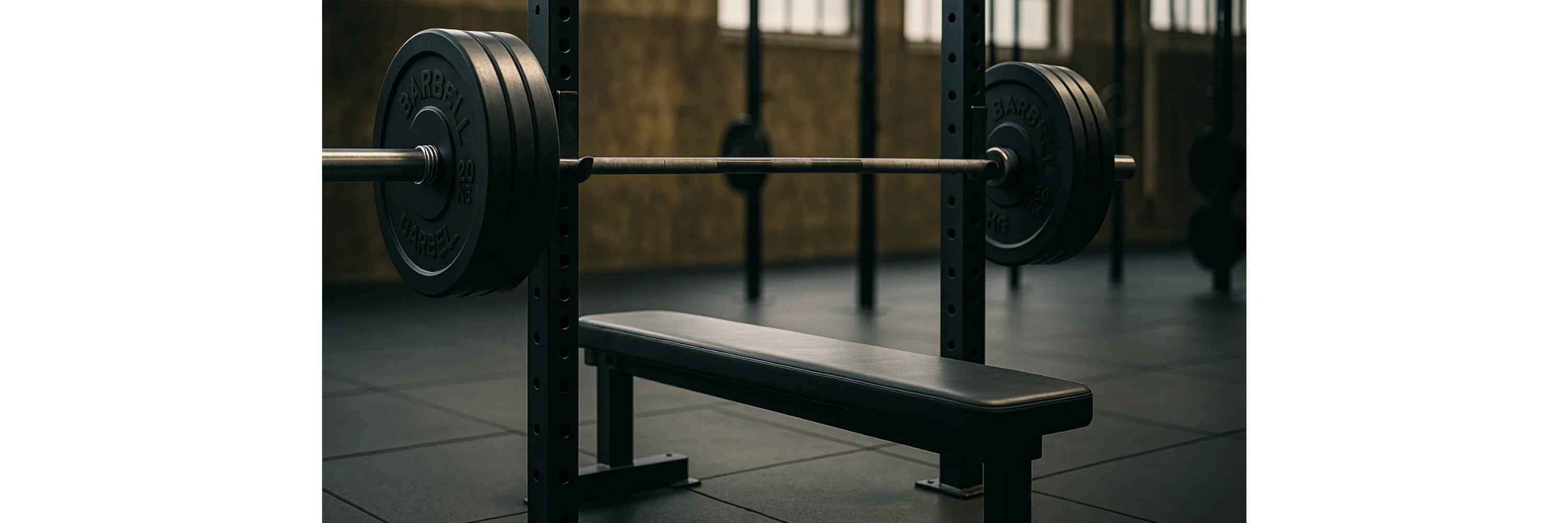Langhantel mit Gewichtsscheiben auf der Flachbank zum Bankdrücken in der Crossfit Box