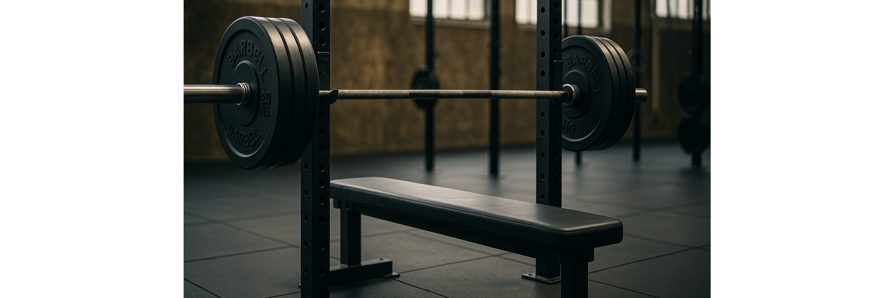 langhantel-mit gewichtscheioben-und-flachbank-in-crossfit-box
