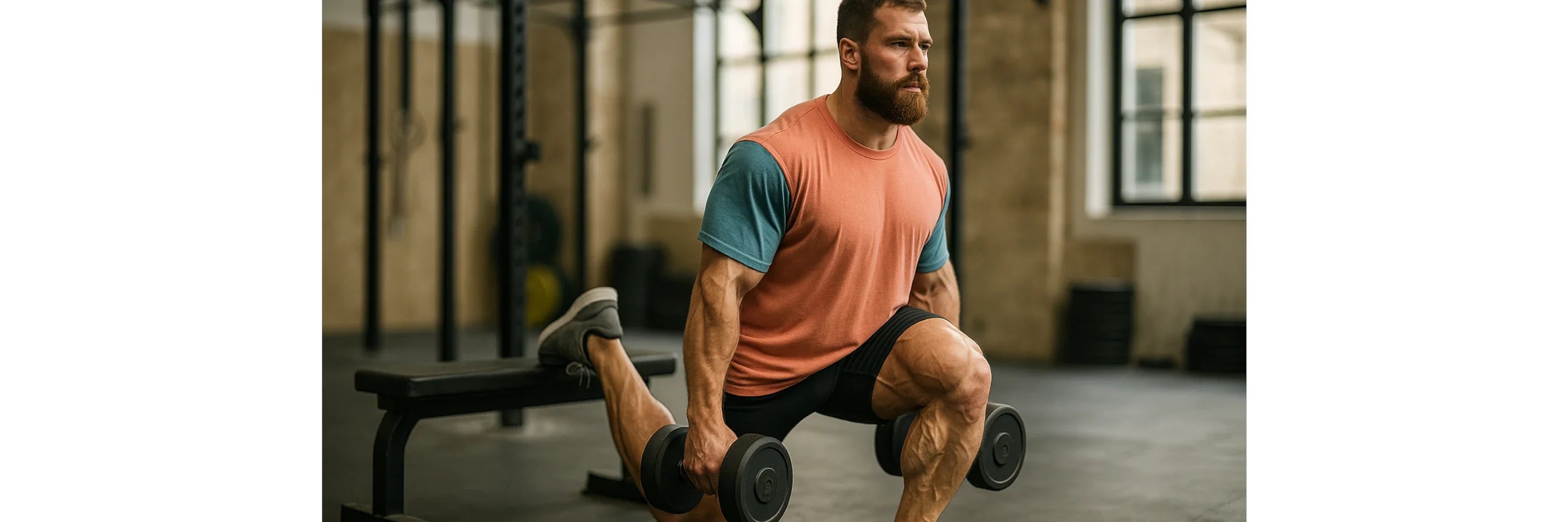Mann führt Bulgarian Split Squats (einbeinige Kniebeuge) mit Kurzhanteln aus
