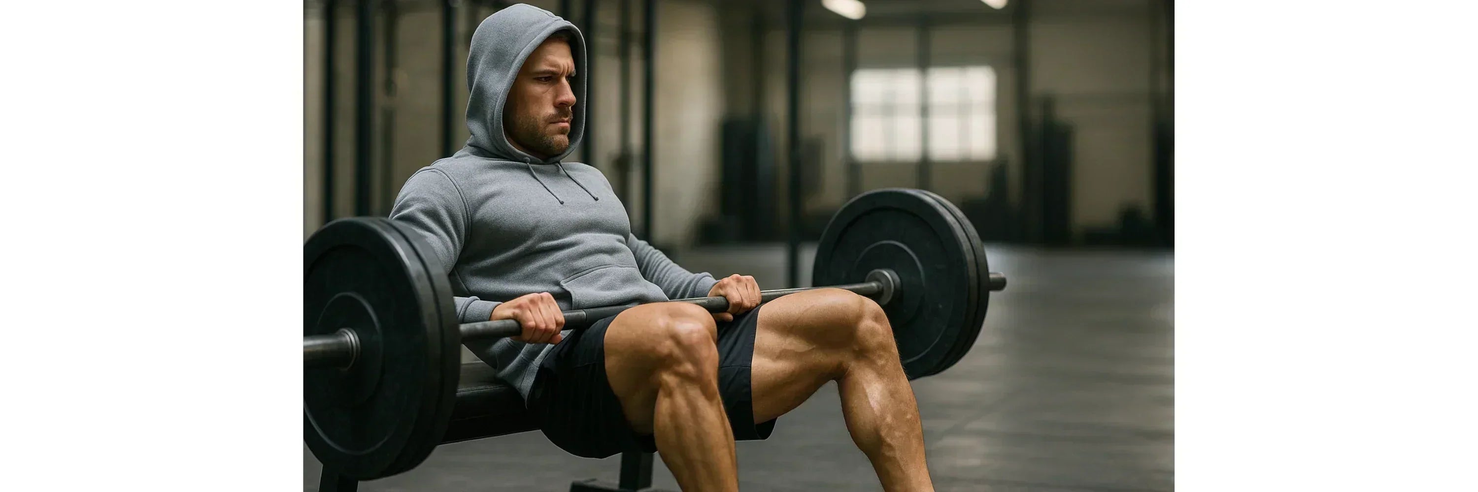 Hip Thrust mit Langhantel — Mann hebt die Hüfte an der Trainingsbank