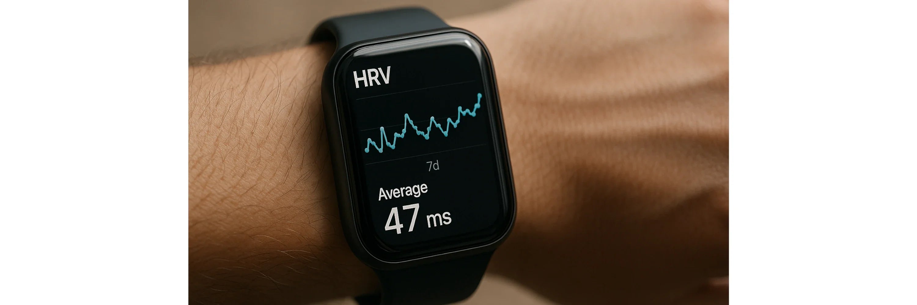Smartwatch am Handgelenk zeigt HRV-Wert (Herzfrequenzvariabilität)