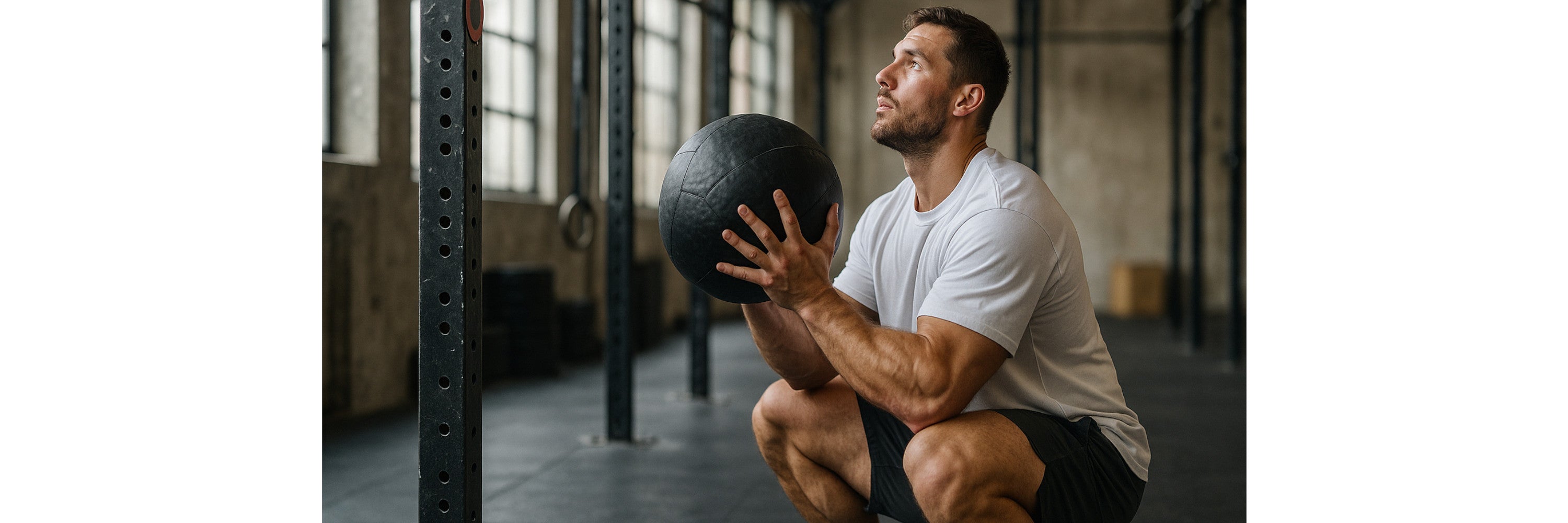 Athlet wirft Wall Ball gegen Wand-Target — Squat-Position bei CrossFit-WOD
