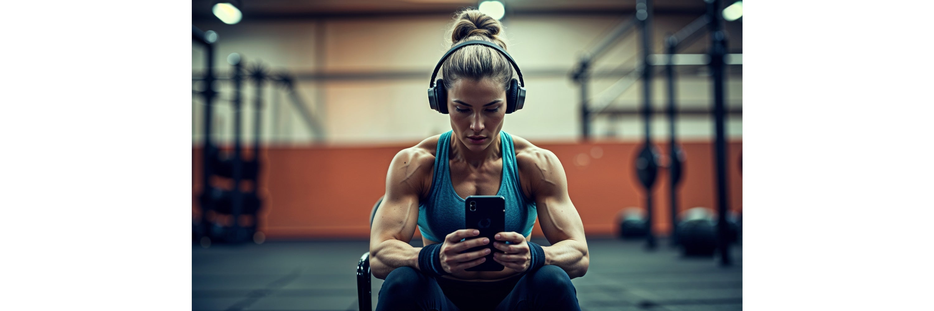 crossfitterin-sitzt-auf-stuhl-mit-kopfhorer-und-smartphone