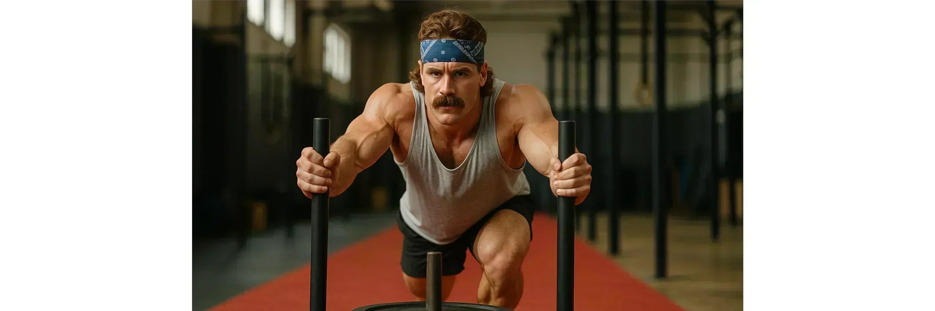 Männlicher Athlet beim Sled Push im Hyrox-Training mit beladenem Gewichtsschlitten