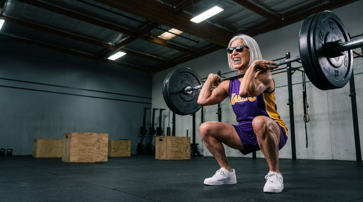 Ältere, muskulöse Athletin im Squat Clean mit Langhantel in einer CrossFit-Box